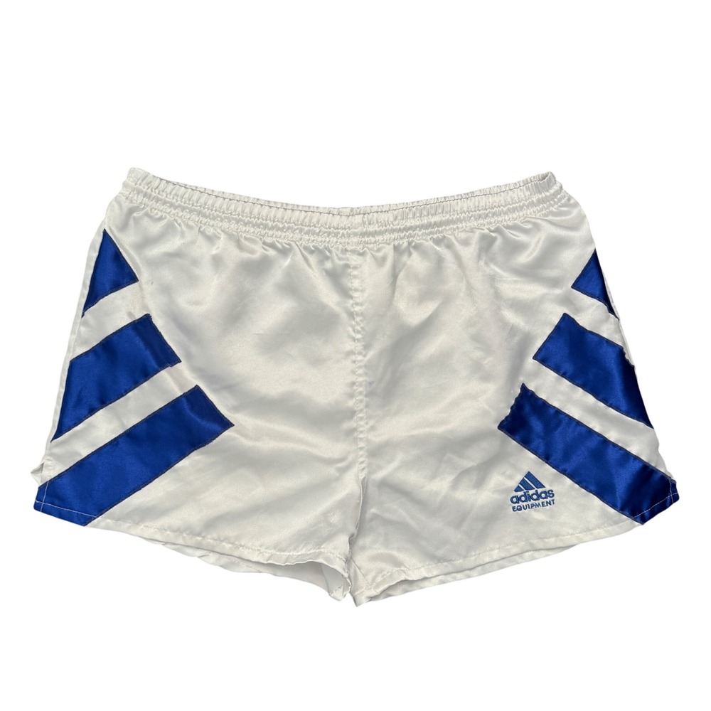 Vintage Adidas Equipment Mens White Blue Satin Athletic Shorts Size L USA Made